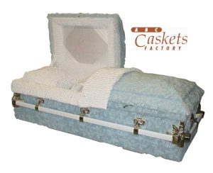Child 4' Casket, High Pile Blue with White Satin Interior and Our Little Angel Motif