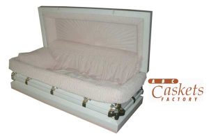 Child Metal 3'6" Casket, White Shaded Pink with Pink Velvet Interior and Angel Corners