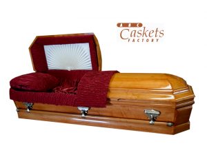 Westchester Maple Casket with Red and Vanilla Cream Satin Interior, Ray and Rosette.