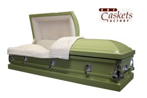 Champagne Colored Metal Casket with White Crepe and Silver Hardware