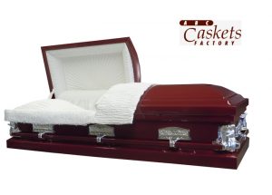Burgundy Metal Casket with No Shade, White Crepe Interior, Last Supper Lugs & Angel Corners