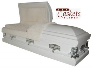 Last Supper White Casket with Angel Corners, Last Supper Lugs and Rosetan Crepe Interior