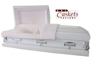 White Shaded Pink Casket with Angel Corners, Last Supper Lugs and Pink Crepe Interior